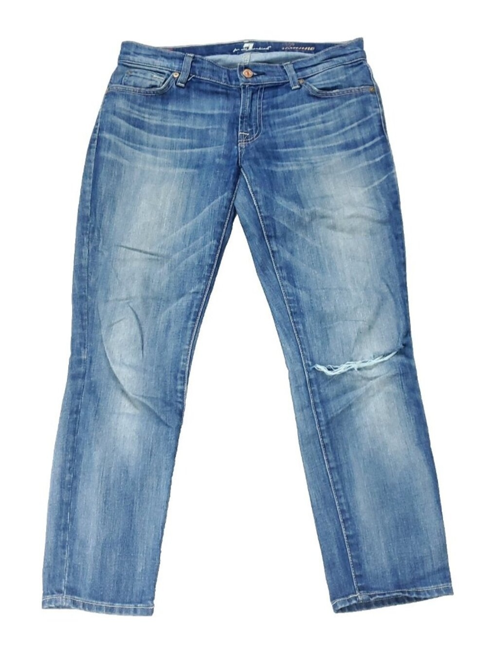7 For All Mankind Roxanne Jeans Womens 27 Distressed Knee 32x26 Measure Blue
